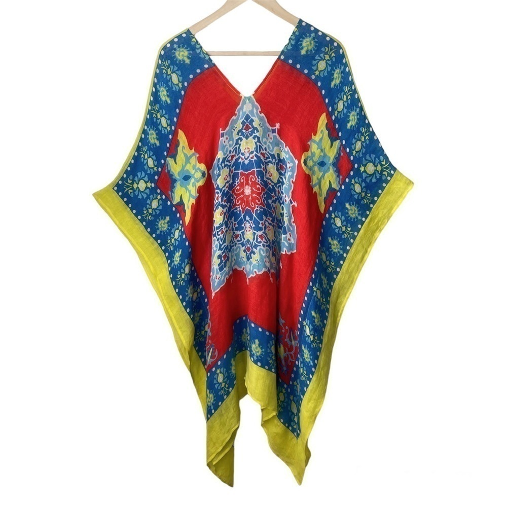 J. McLaughlin Yellow Blue Red Linen Blend Beach Cover Up Tunic Popover Kaftan - Picture 5 of 11